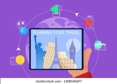 Flat Banner Illustration Planning Your Travel. Hand Holding a Tablet. Online Viewing Country Attractions. Planning Visits to Historic Sites. Ancient Architecture. Hotel Booking, Registration Tickets