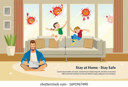 Flat Banner Illustration Stay at Home - Stay Safe. Children Play and Jump on Sofa Behind Working Business Father. Work Life Balance Concept with Fun. Parent and Children at Living Room Modern Interior