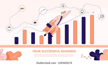 Flat Banner Illustration Your Successful Business. Businessman Seeks Upward for Financial Success. Economic Growth Company. Man Takes off at Top Carafe, Holding Case in his Hand. Goal Achievement