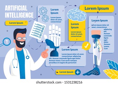 Flat Banner Inscription Artificial Intelligence. Male Doctor in White Coat with Stethoscope Shows Prosthetic Arm. Bearded Man Smiles against Background Prosthetic Human Arms and Legs.