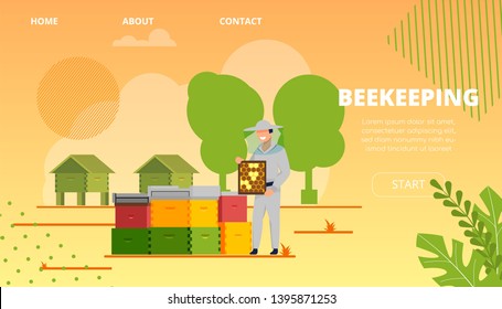 Flat Banner Inscription Beekeeping Illustration. Contented Male Beekeeper Stands in Apiary and Holds Honeycomb with Honey. Laughing Man Harvesting an Apiary with Bees. Landing Page.