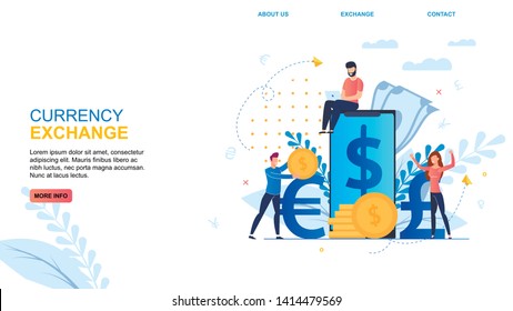 Flat Banner Inscription Currency Exchange Cartoon. Online Economy Applications for Quick Currency Exchange. People Rejoice at Favorable Exchange Rate. Vector Illustration Landing Page