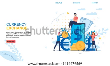 Flat Banner Inscription Currency Exchange Cartoon. Online Economy Applications for Quick Currency Exchange. People Rejoice at Favorable Exchange Rate. Vector Illustration Landing Page