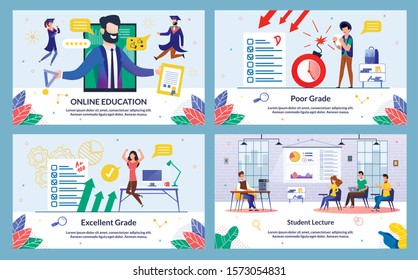 Flat Banner, Inscription Excellent Grade, Cartoon. Set Online Education, Poor Grade, Student Lecture. Girl in Sportswear Enthusiastically Jumps for Joy after Receiving High Test Score.