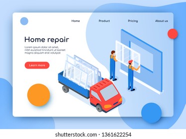 Flat Banner Inscription Home Repair Isometric. Replacement And Installation Plastic Windows. Men Professional Staff Insert New Windows In Apartment. Truck In Back Window. Vector Illustration.