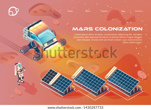Flat\
Banner Inscription Mars Colonization Cartoon. Rover Moves around\
Planet. Solar Panels are Installed on Uninhabited Planet. Astronaut\
Work, Installation Panels. Vector\
Illustration.