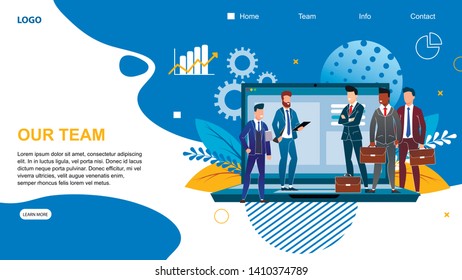 Flat Banner Inscription Our Team Landing Page. Stylish Men in Business Suits Laugh and Chat Background Laptop Screen. Work on Joint Project. Vector Illustration. Togetherness Company.