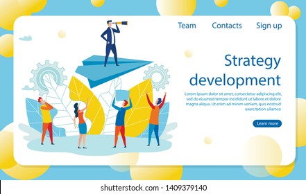 Flat Banner Inscription Strategy Development. Man in Business Suit is Standing on Top Paper Airplane and Looking through Telescope. People Below are Looking up fnd Name is Superior.