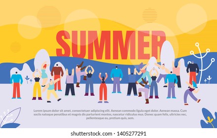 Flat Banner Inscription Summer Vector Illustration. People are Actively Moving against Backdrop Large Inscription. Energy and Positive Emotional Charge in Summer Season. Cartoon Flat.