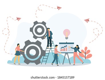 Flat Banner Inscription Team Building Cartoon. Men Spin Gear in General Mechanism. People Look at Work Others. Corporate Culture is Embedded in Management Company. Vector Illustration.