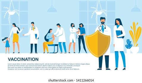 Flat Banner Inscription Vaccination, Cartoon. Scientist Men and Women are Involved in Researching and Testing New Drugs. Doctor Man Makes an Injection to Woman. Vector Illustration.