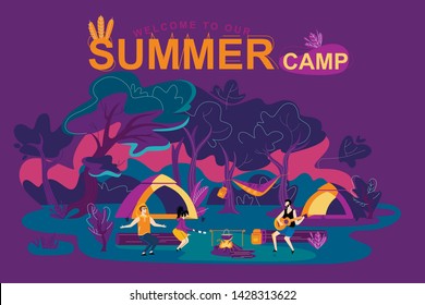Flat Banner Inscription Welcome To Our Summer Camp. People Night Sitting around Campfire. Men and Women Evening Have Fun Singing Songs with Guitar. Fire Preparing Food in Pot. Vector Illustration.