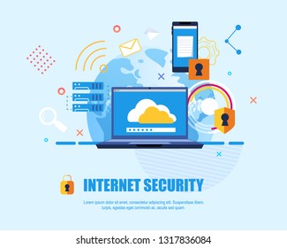 Flat Banner Internet Security Blue Background. Vector Illustration Background Round Planet. Laptop on Cloud Screen. Tablet on Notebook Screen. Protection against Hacker Attacks and Viruses.
