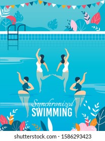 Flat Banner with Join Synchronized Swimming Performance. Cartoon Female Characters Team in Swimwear Swimming in Pool, Performing Tricks and Sport Elements. Competition. Vector Cartoon Illustration