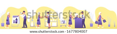 Flat banner with journey customer buying. Shopping concept. Seeing the product’s advertisement, the buyer bought it at the store and flashed it at the checkout. Vector flat illustration.