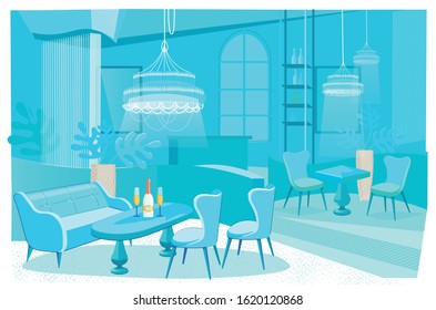 Flat Banner Luxurious Restaurant Interior, Slide. Stylish Vintage Interior Expensive Restaurant. On Table is Bottle Wine and Glasses with Drink, next to Comfortable Sofa and Chairs.