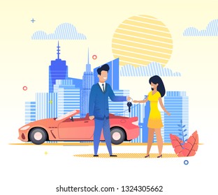 Flat Banner Man Passes Car Keys Woman In Dress. Vector Illustration On Background  Urban Buildings And Blue Clouds And Yellow Sun. Rental Red Car In Hot Summer. View Streets Big City.