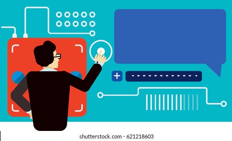 Flat banner man in suit working with abstract technology. Vector illustration.