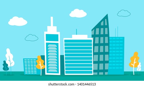 Flat Banner with Modern Apartment Building in City. Vector Cityscape with Business Center Illustration. Life in Big Smart Technological Town, Social Communication. Contemporary Urban Skyline Theme.