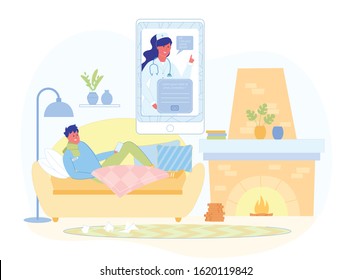 Flat Banner, Online Doctor Consultation, Vector. Man Falls Ill and Lies at Home with High Fever. He Uses Application on his Phone to Read Doctors Advice about his Illness, he dont go to Hospital.