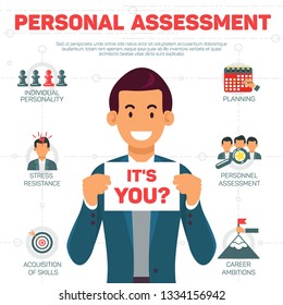 Flat Banner Personal Assessment White Background. Smiling Man in Business Suit Holds Inscription. It is You. Recruitment after an Interview Based on Tests Strategy for Selecting Best Candidate.