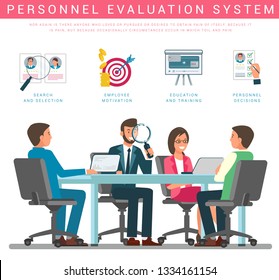 Flat Banner Personnel Evaluation System. Vector Illustration. Search and Selection Employee Motivation Education and Training Personal Decisions. Consulting for Customer Vacancies.