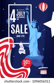 Flat banner poster Sale 50% up to off for Independence Day July 4 USA Statue of Liberty with a torch on the background. Flag of America, stars,  white house and salute. hat of Uncle Sam