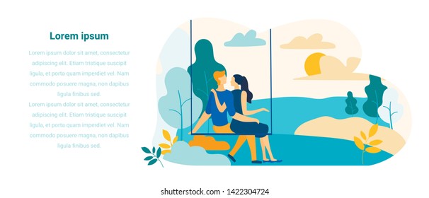 Flat Banner Presenting People Relationships. Editable Text and Man Woman Characters on First Meeting. Couple in Love Hug and Talk on Swing. Sweet Moments. Vector Online Dating Services Illustration