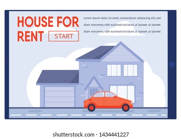 Flat Banner with Promotion Text Proposing Modern House for Rent. Contemporary Building, Luxury Comfortable Cottage with Garage. Running Car on Road. Vector Cartoon Illustration. Tablet Screen Design