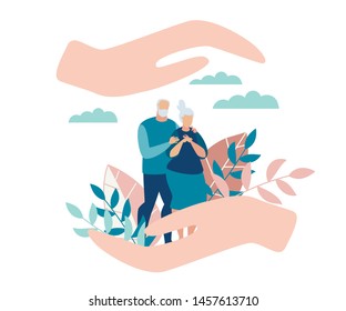 Flat Banner Protection for Senior Family Members. Poster Care for Family Members. Flyer Elderly Parents are Standing in Park, Reconciliation Large Female Hands. Vector Illustration.