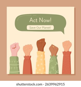 Flat banner with raised hands symbolizing social volunteer community and multicultural solidarity. Diverse hands represent aid and unify efforts to protect the planet. Optimistic concept, colorful