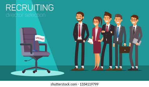 Flat Banner Recruiting Director Selection Vacant. Horizontal Vector Illustration on Blue Background. Man and Woman in Business Suit are Looking at Empty Leather Chair Head Light is Directed at Him.