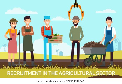 Flat Banner Recruitment in Agricultural Sector. Vector Illustration on Color Background. Workers on Field are Harvesting. Young Men and Women Farmers Smile Correct Best Recruitment.