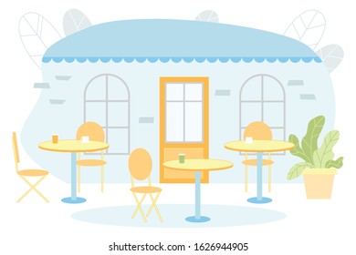 Flat Banner, Restaurant Patio Interior Cartoon. Successful Establishment, Summer Terrace Small Cafe. Landing Suits in Restaurant, Furniture for Street Food Cartoon. Vector Illustration.
