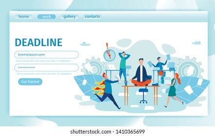 Flat Banner Rush with Deadlines Landing Page. Man Meditates Sitting on Desk in Office. People Panic and Run, Experiencing Strong Stress. Vector Illustration. Haste Worsens Quality Work.