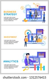 Flat Banner Set Business Strategy Investment Analytics. Vector Illustration on White Background. Young Happy Men in Business Suits Working Together on Background Laptop Paper Money and Gold Coins.