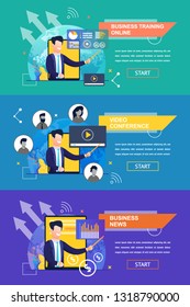 Flat Banner Set Business Training Online. Video Conference. Business News. Vector Illustration on Color Background. Educational Materials and News Feeds in Modern International Format.

