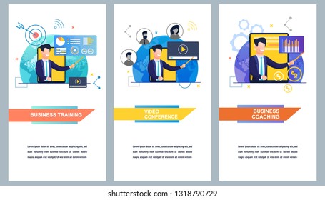 Flat Banner Set Business Training. Video Conference. Business Coaching. Vector Illustration on White Background. Company uses System Professional Relationships Between Specialists.