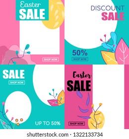 Flat Banner Set Easter Sale Discount Sale 50 Percent Up To. Vector Illustration on Color Background. Pink Blue and Yellow Floral Ornament Leaves on Discount Coupons and Promotional Flyers.