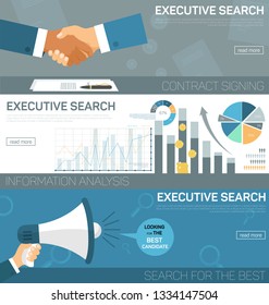 Flat Banner Set Executive Search Contract Signing. Looking for Best Candidate Information Analysis. Vector Illustration. Men Shake Hands over Signed Contract. Graphical Chart Growth Figures. 