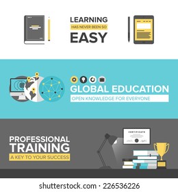 Flat Banner Set Of Global Online Education, Success Professional Training, Electronic Learning Process, Awards Winning And Knowledge Elements. Modern Design Style Vector Illustration Concept.