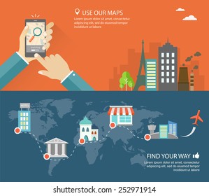 Flat banner set with hand holding phone with city background and tourist way with points. Map application ads.  Eps10