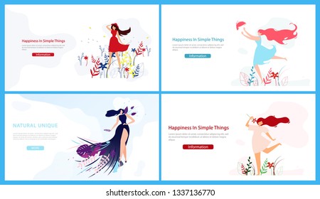 Flat Banner Set Happiness in Simple Things. Natural Unique. Vector Illustration on White Background. Beautiful Girl in Dress Rejoices in Life Every Day Among Flower Grass and Leaves.