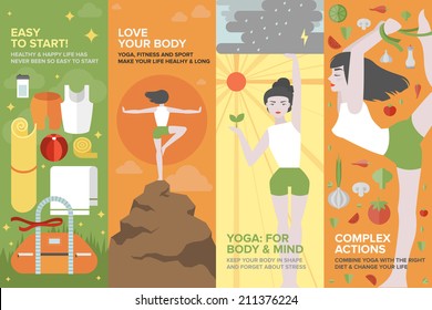 Flat banner set of health yoga life, practice yoga on physical, mental, emotional, spiritual, energetic level, equipment and things for starting. Flat design style modern vector illustration concept