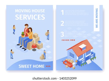 Flat Banner Set Moving House Services Sweet Home. Couple is Sitting on Box and Waiting for Service Transportation Furniture and Things. Loading Household Items and Household Appliances.