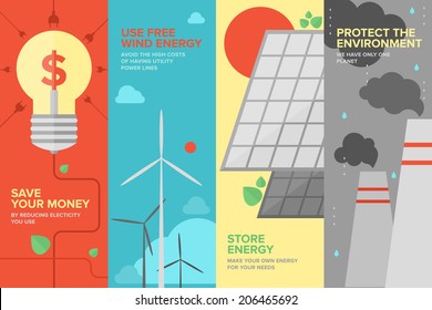 Flat banner set of power and energy savings, natural renewable and clean source of energy for money save and environmental protection. Flat design style modern vector illustration concept.