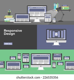 Flat banner set of responsive design web interface, creative studio workflow, html website coding for desktop and mobile devices, webpage prototyping process. Modern design vector illustration concept