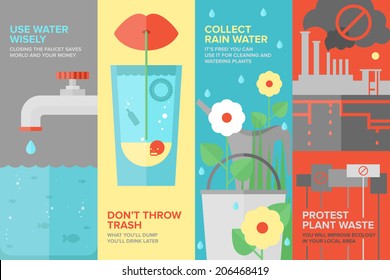 Flat banner set of reusing and saving water more efficiently, water consumption by people, water pollution and environmental protection. Flat design style modern vector illustration concept.