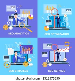 Flat Banner Set Seo Analytics Optimization Strategy Service. Vector Illustration Man Pointing at Chart. With Magnifier Standing on Laptop. In Tie Businessman Raising Up Investments.