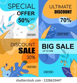 Flat Banner Set Special Offer 30 50 70 Percent Big Sale Off Up To Ultimate Discount. Vector Illustration on Colored Background. Beautiful Floral Ornament on Discount Coupons and Flyers.